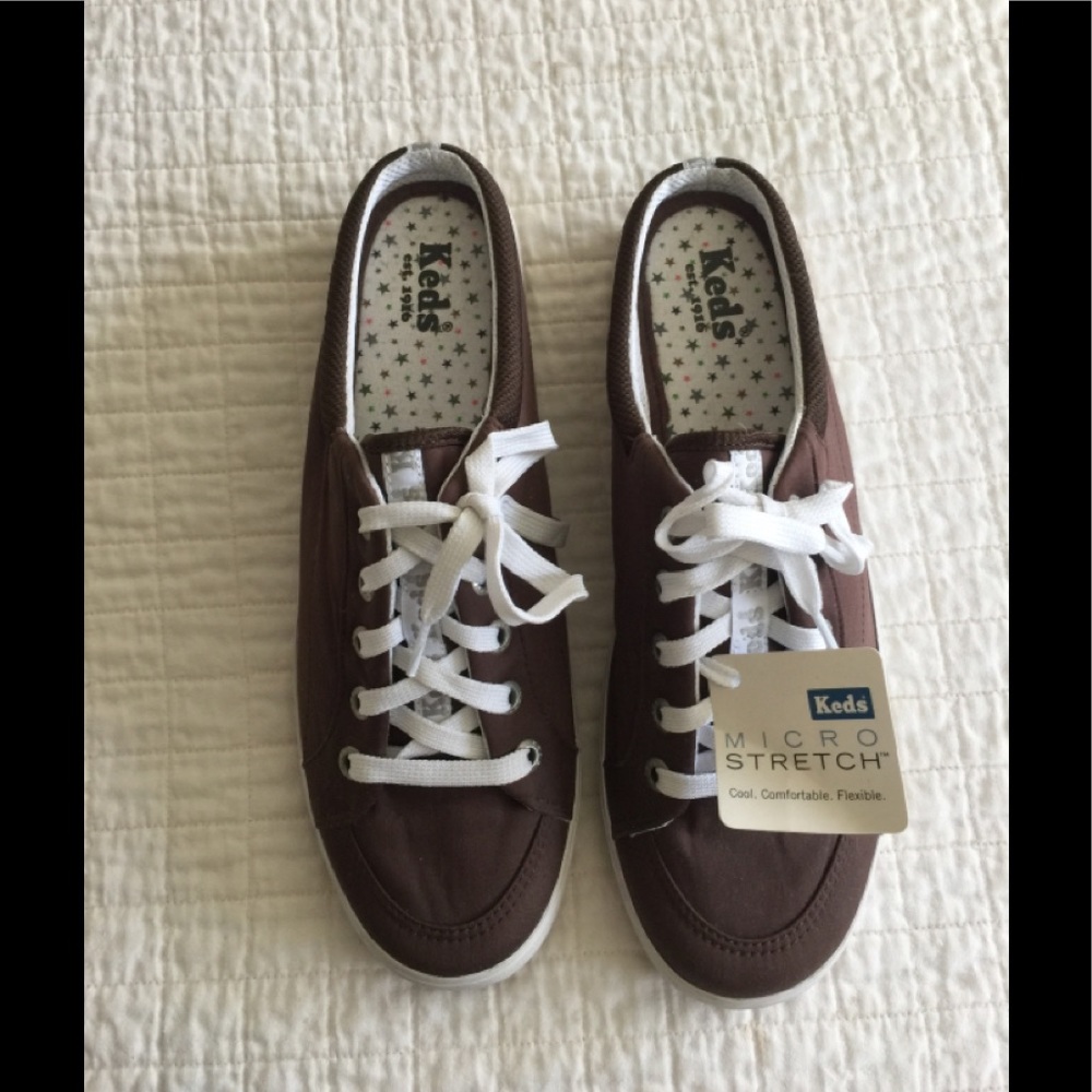 NWT Keds brown microstretch mules w/ laces